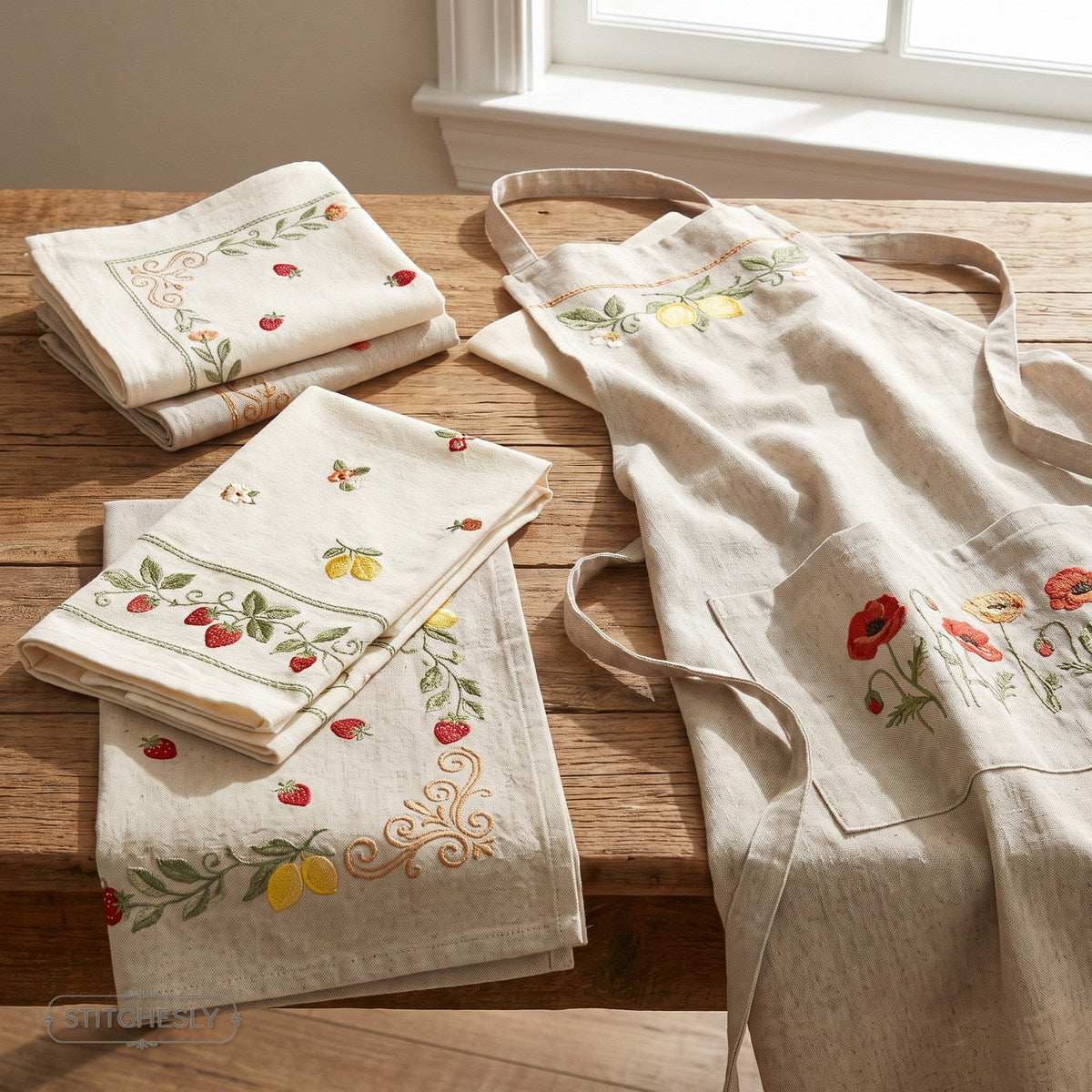 Kitchen Towels / Aprons machine embroidery collection cover with stitched design examples