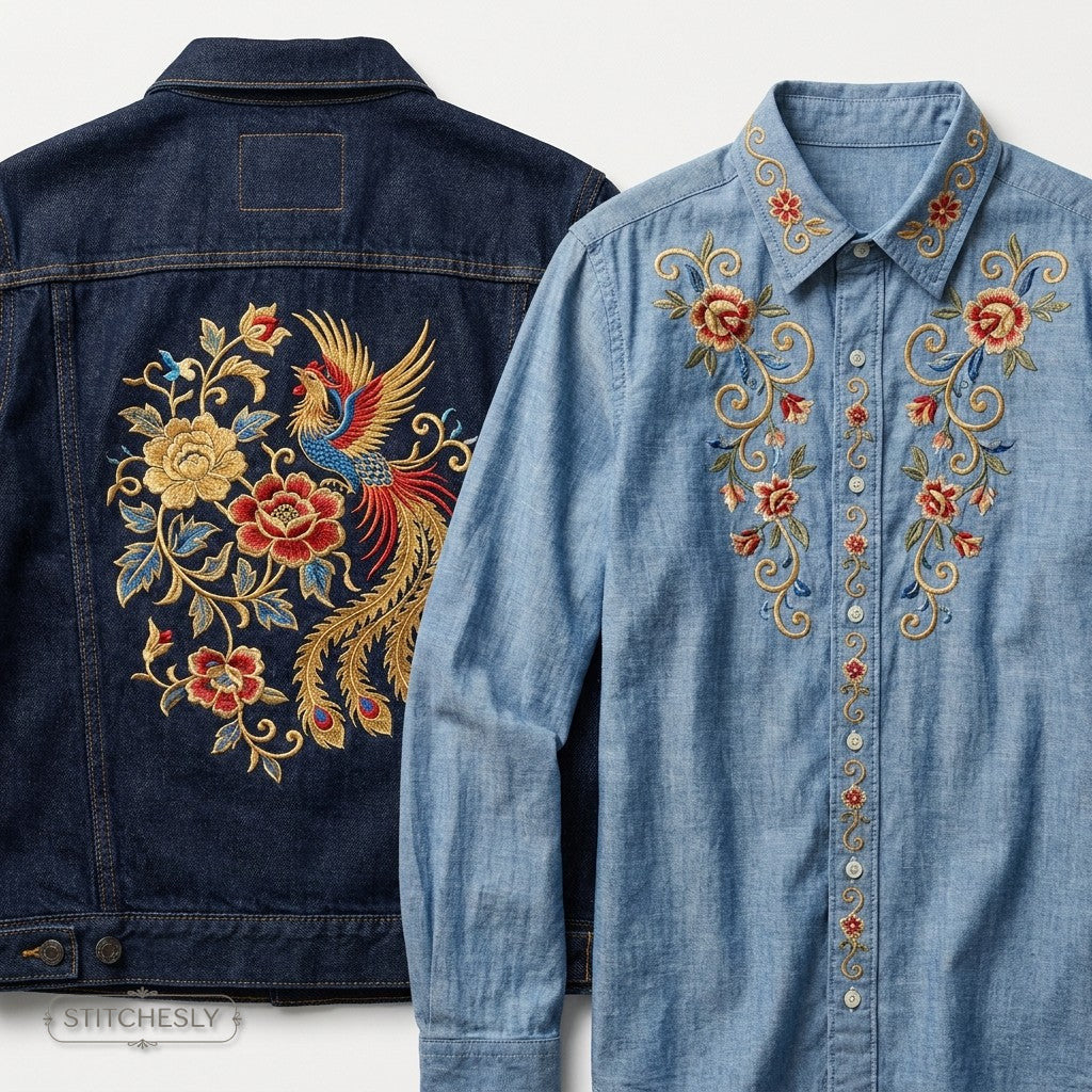 Jacket Backs / Shirt Fronts machine embroidery collection cover with stitched design examples