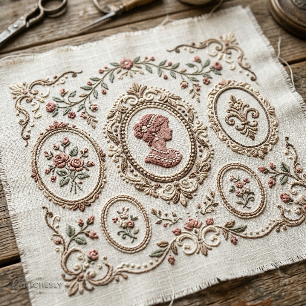 Vintage Cameo Embroidery machine embroidery collection cover with stitched design examples