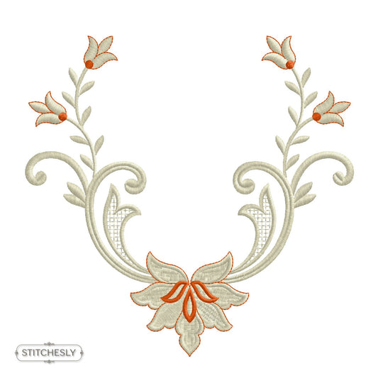 Botanical U-Shaped Neckline machine embroidery design preview