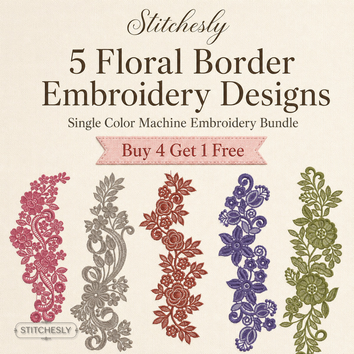 Five Floral Borders Bundle machine embroidery design preview