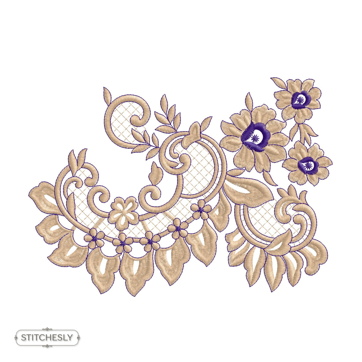 Gold Purple Floral Scroll Corner machine embroidery design preview