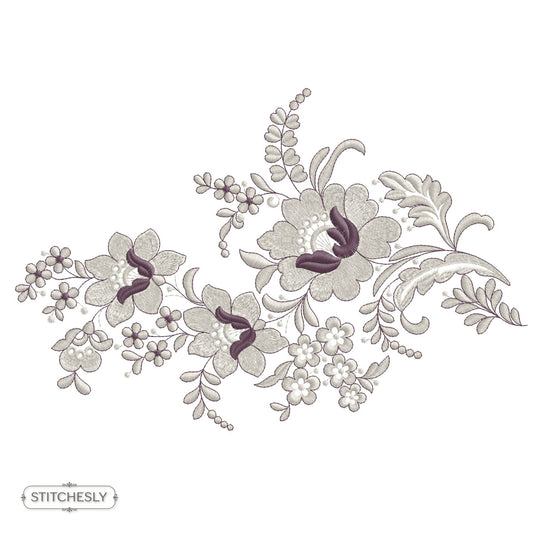 Ivory Butterfly Floral Corner machine embroidery design preview