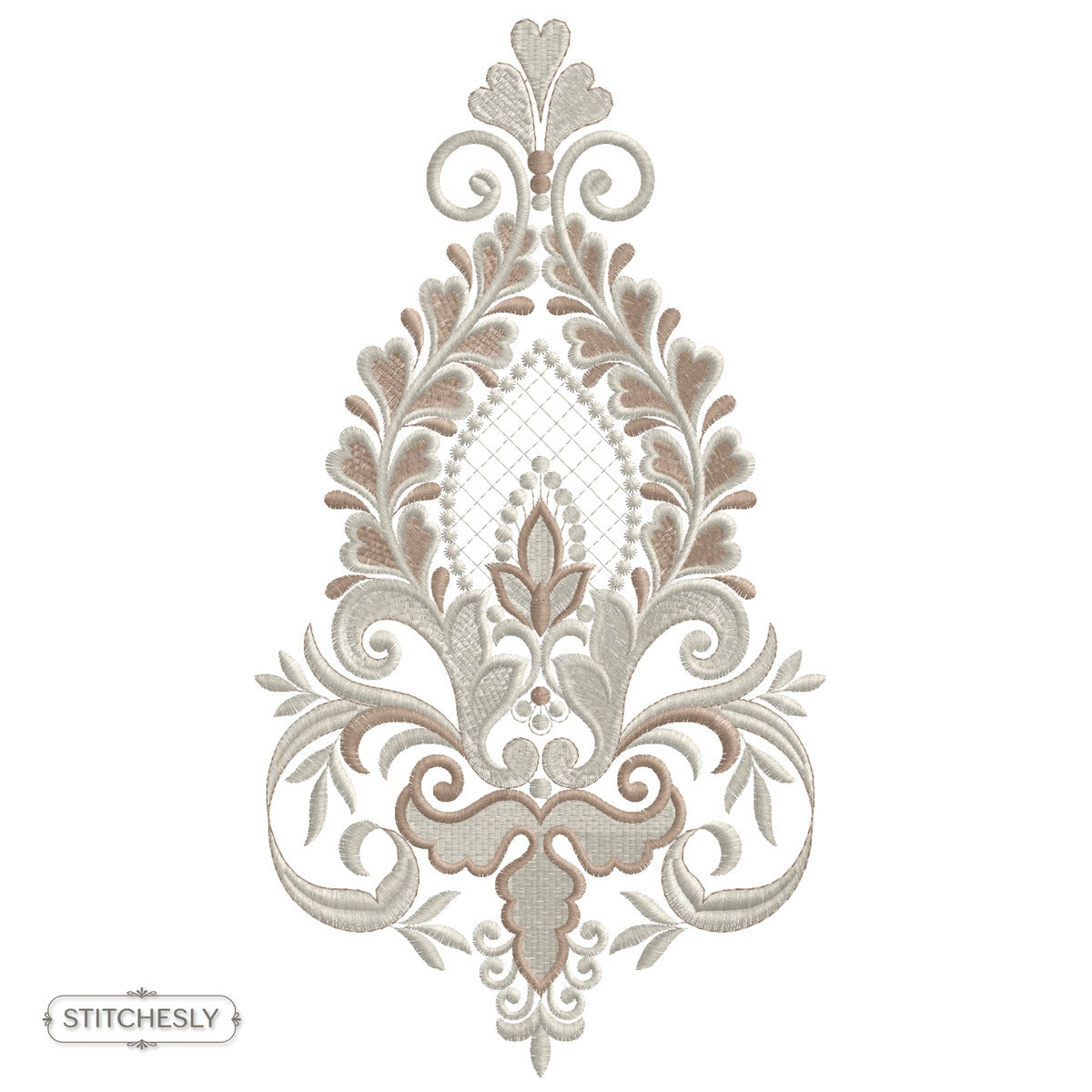 Silver Damask Teardrop Ornament machine embroidery design preview