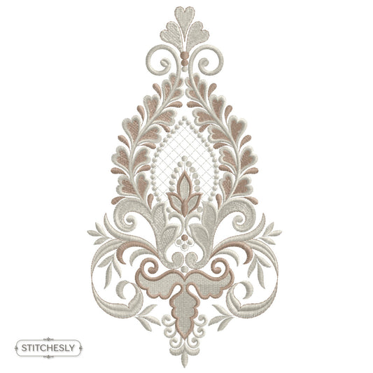 Silver Damask Teardrop Ornament machine embroidery design preview