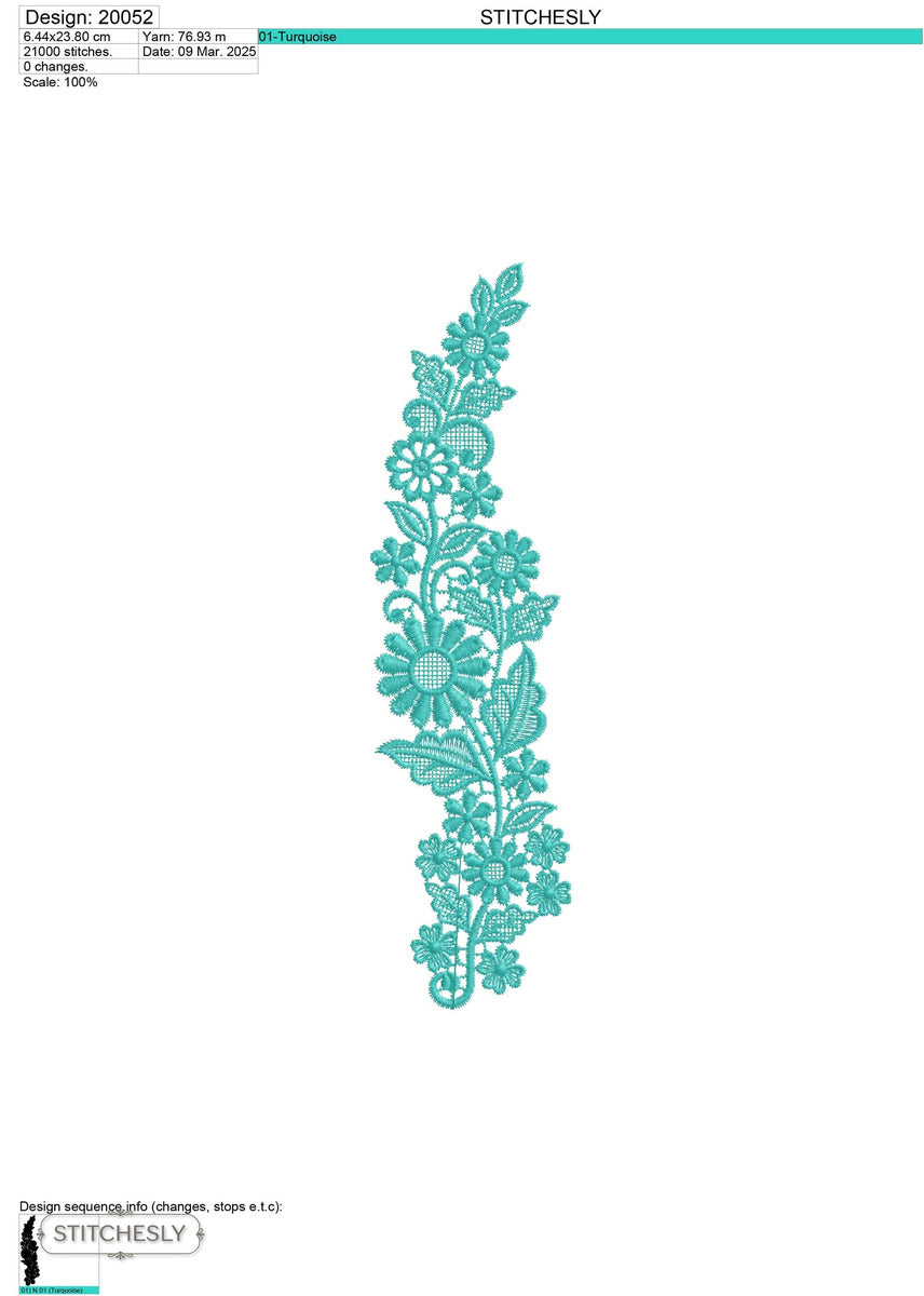 Detail view of Aqua Floral Border machine embroidery design