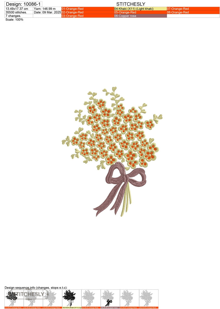 Detail view of Baby's Breath Bouquet with Bow machine embroidery design