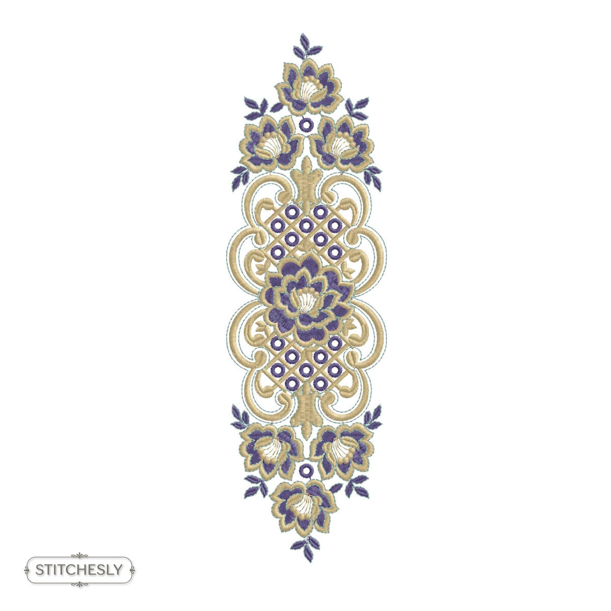 Detail view of Baroque Floral Medallion Panel machine embroidery design