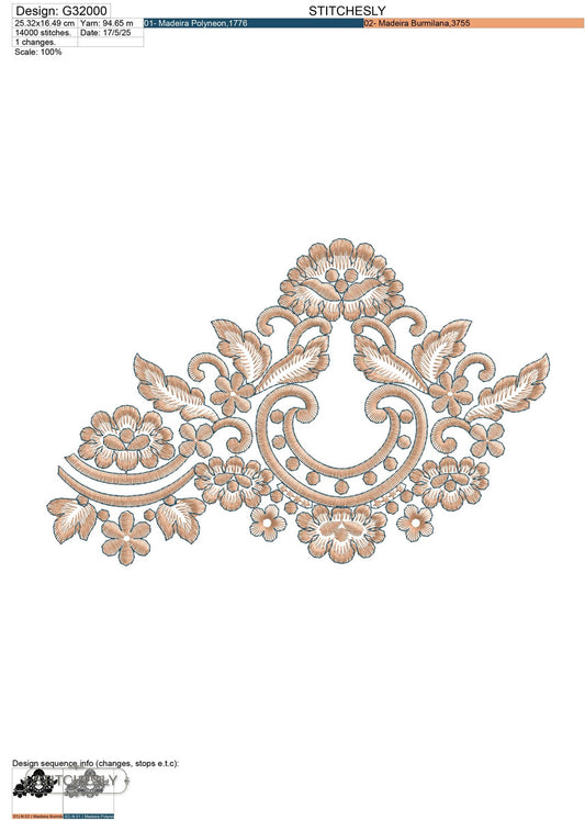 Detail view of Beige Floral Scroll Border machine embroidery design