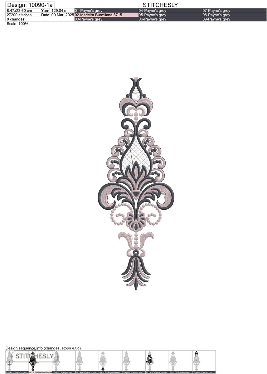 Detail view of Black Baroque Drop Panel machine embroidery design