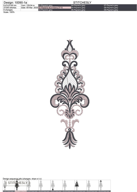 Detail view of Black Baroque Drop Panel machine embroidery design