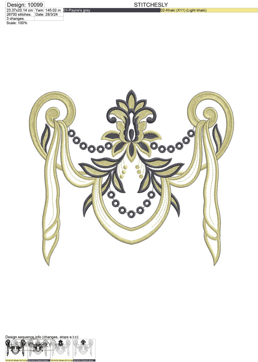 Detail view of Black Gold Draped Garland machine embroidery design