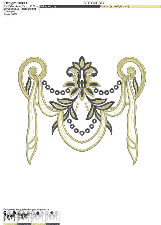 Detail view of Black Gold Draped Garland machine embroidery design