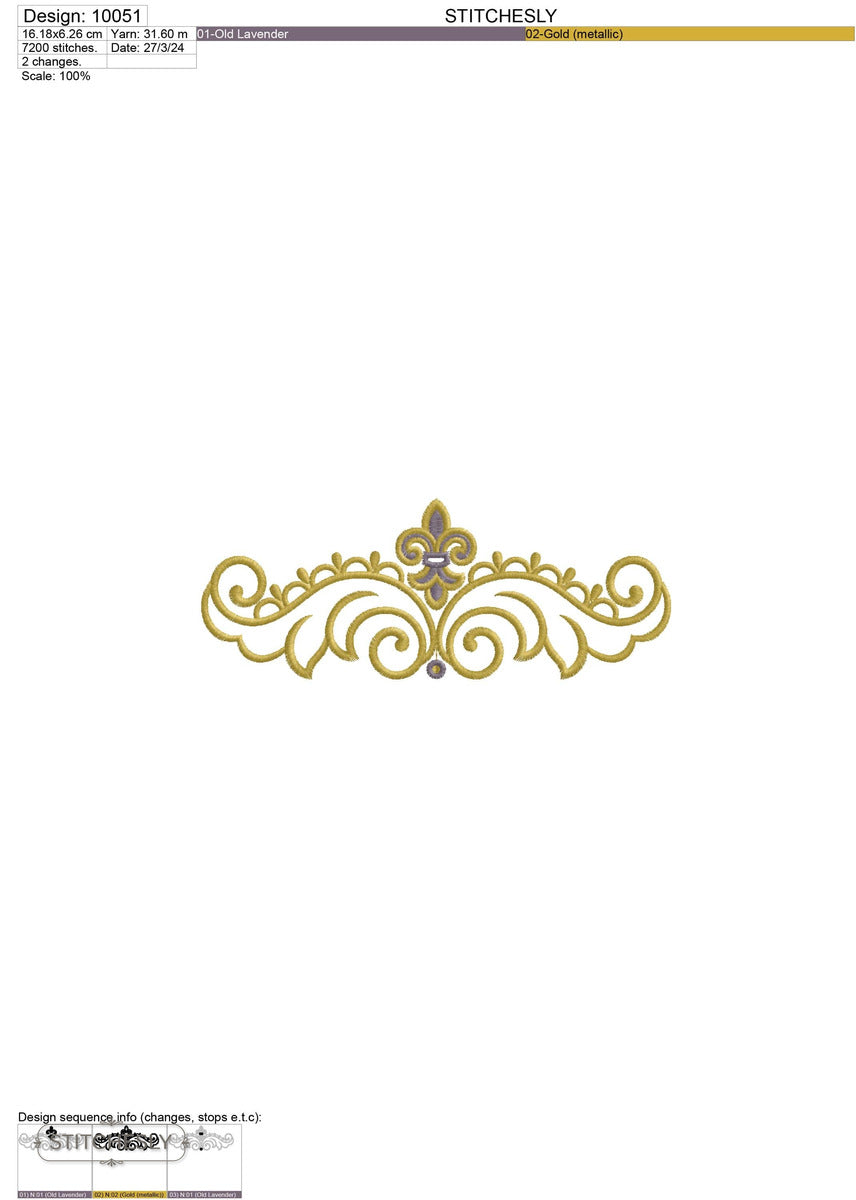 Detail view of Blue Gold Scroll Border machine embroidery design