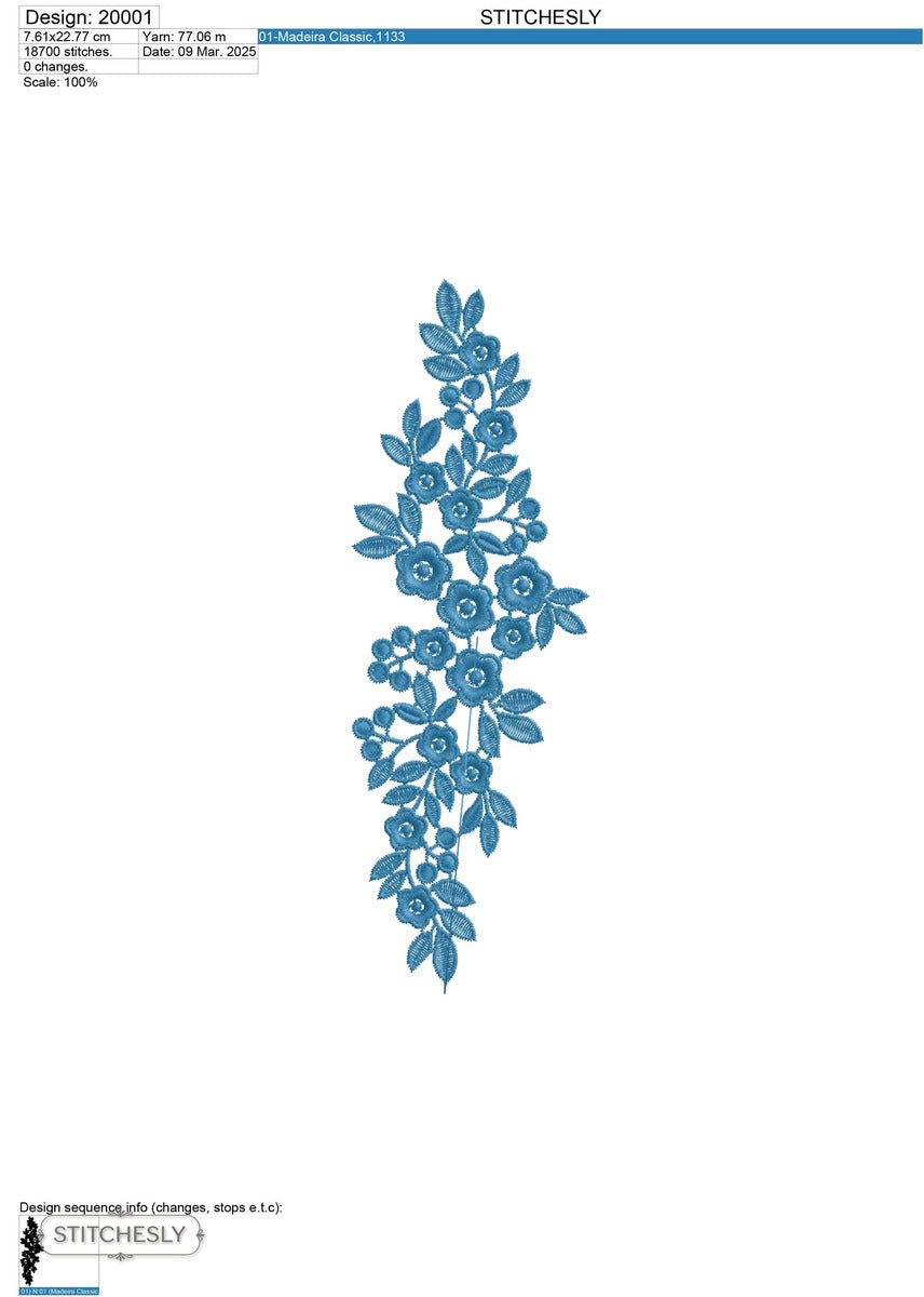 Detail view of Blue Rose Floral Border machine embroidery design