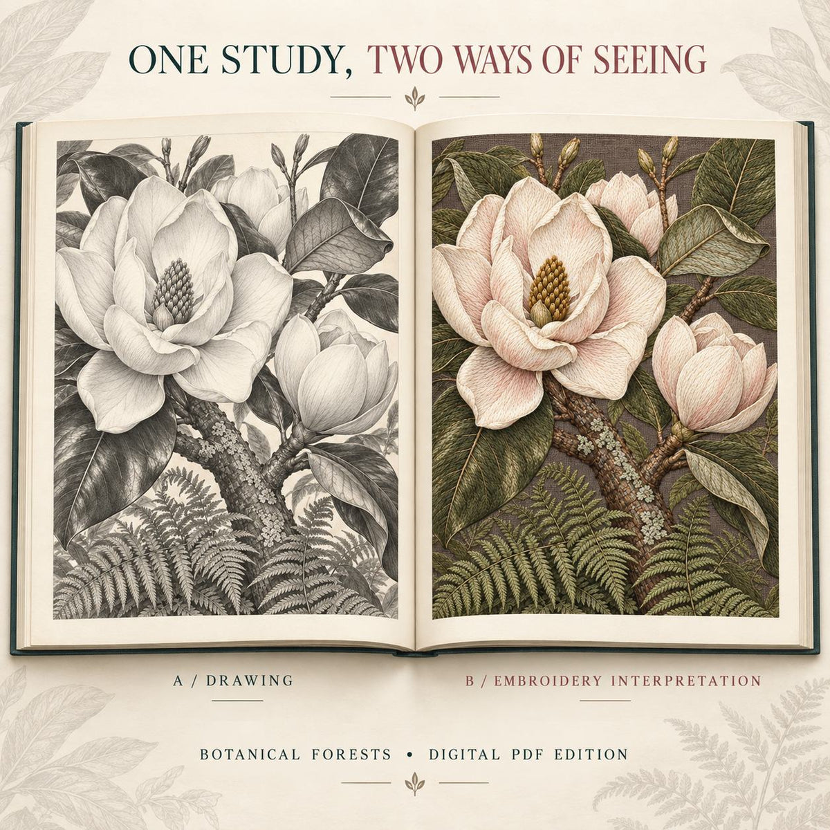 Open-book mockup showing the magnolia drawing beside its blush and green embroidery interpretation from Botanical Forests.