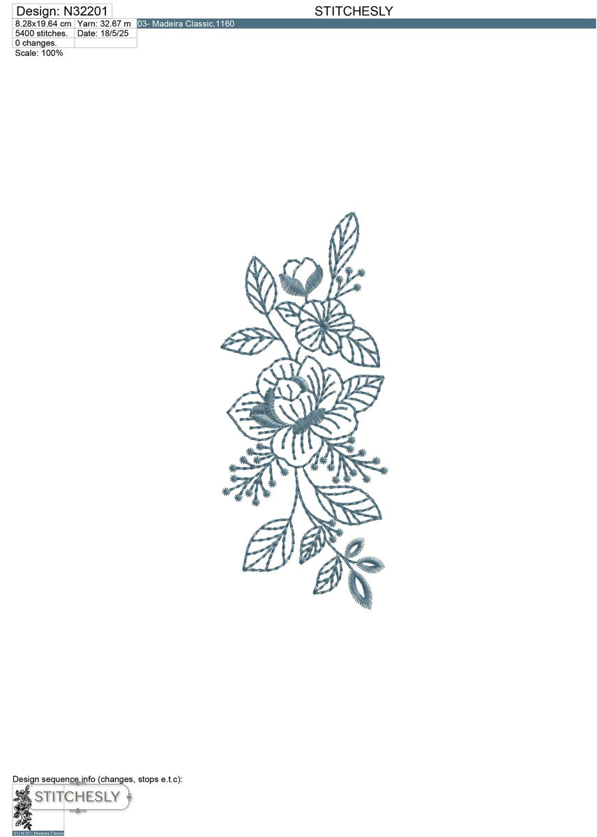 Detail view of Botanical Line Art Floral Motif machine embroidery design