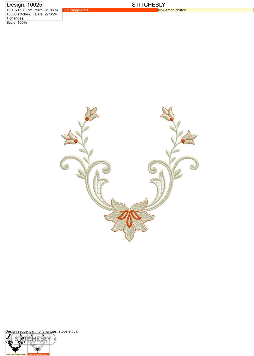Detail view of Botanical U-Shaped Neckline machine embroidery design