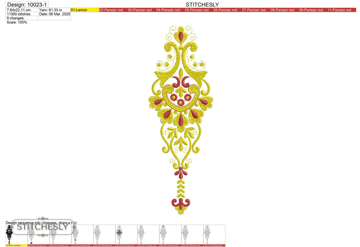 Detail view of Bright Folk Teardrop Ornament machine embroidery design