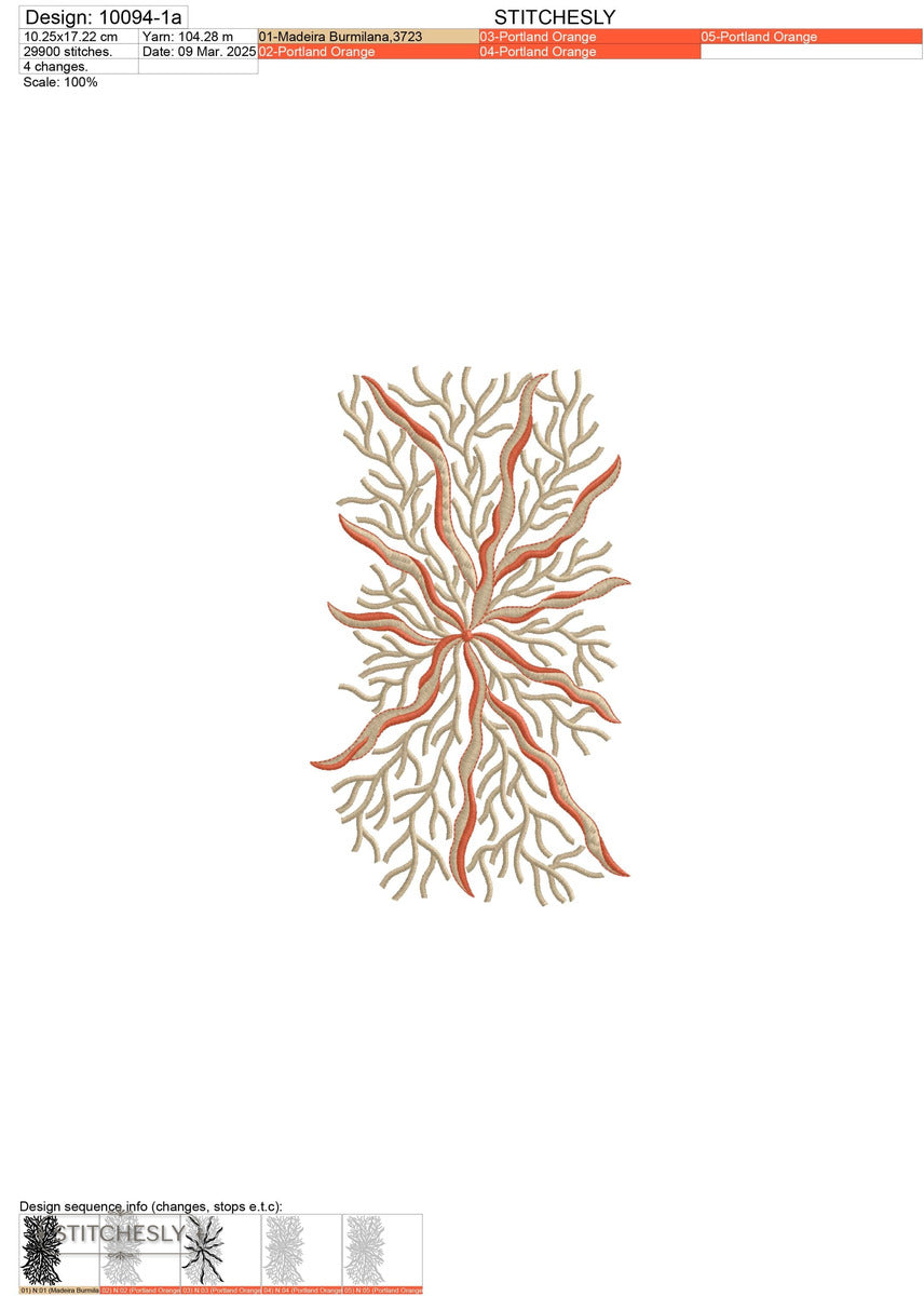 Detail view of Coral Branch Fill Pattern machine embroidery design