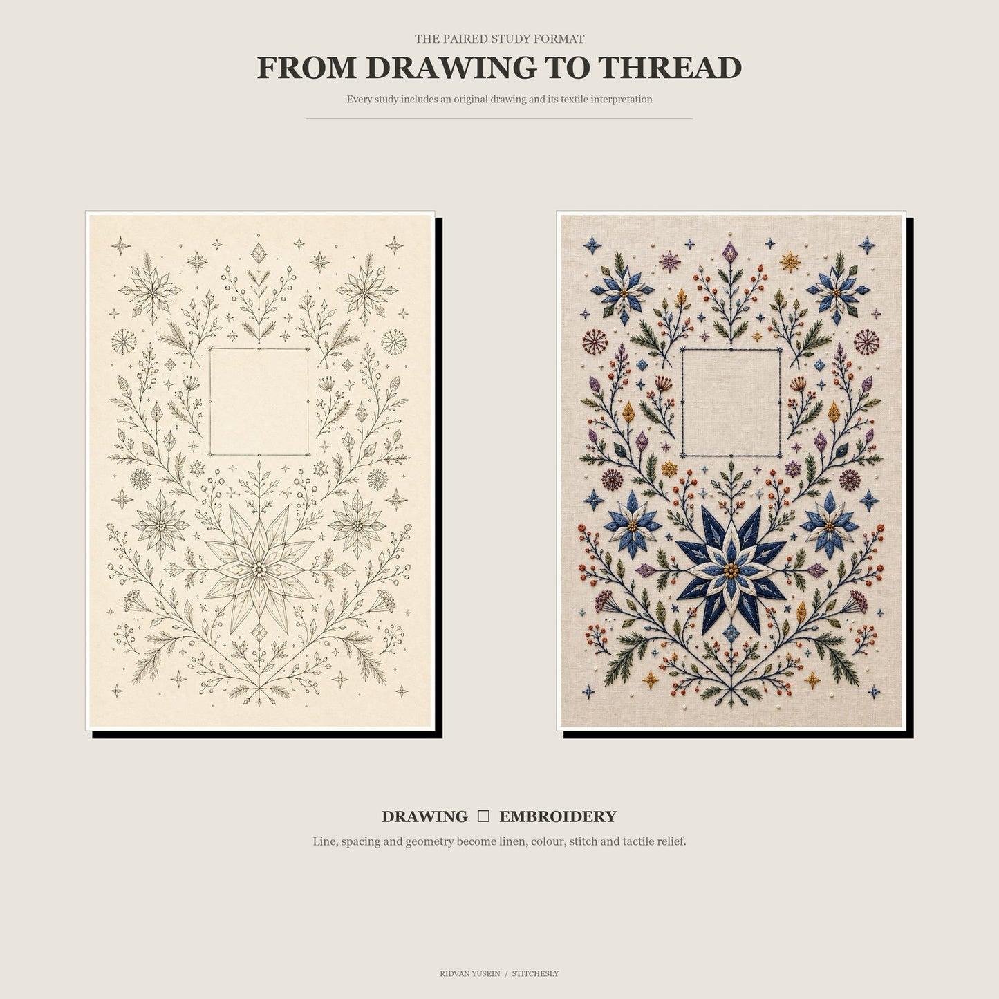 Side-by-side Nordic botanical study showing an original line drawing next to its embroidered textile interpretation, demonstrating how geometric floral composition, negative space and stitch texture change from paper to linen.