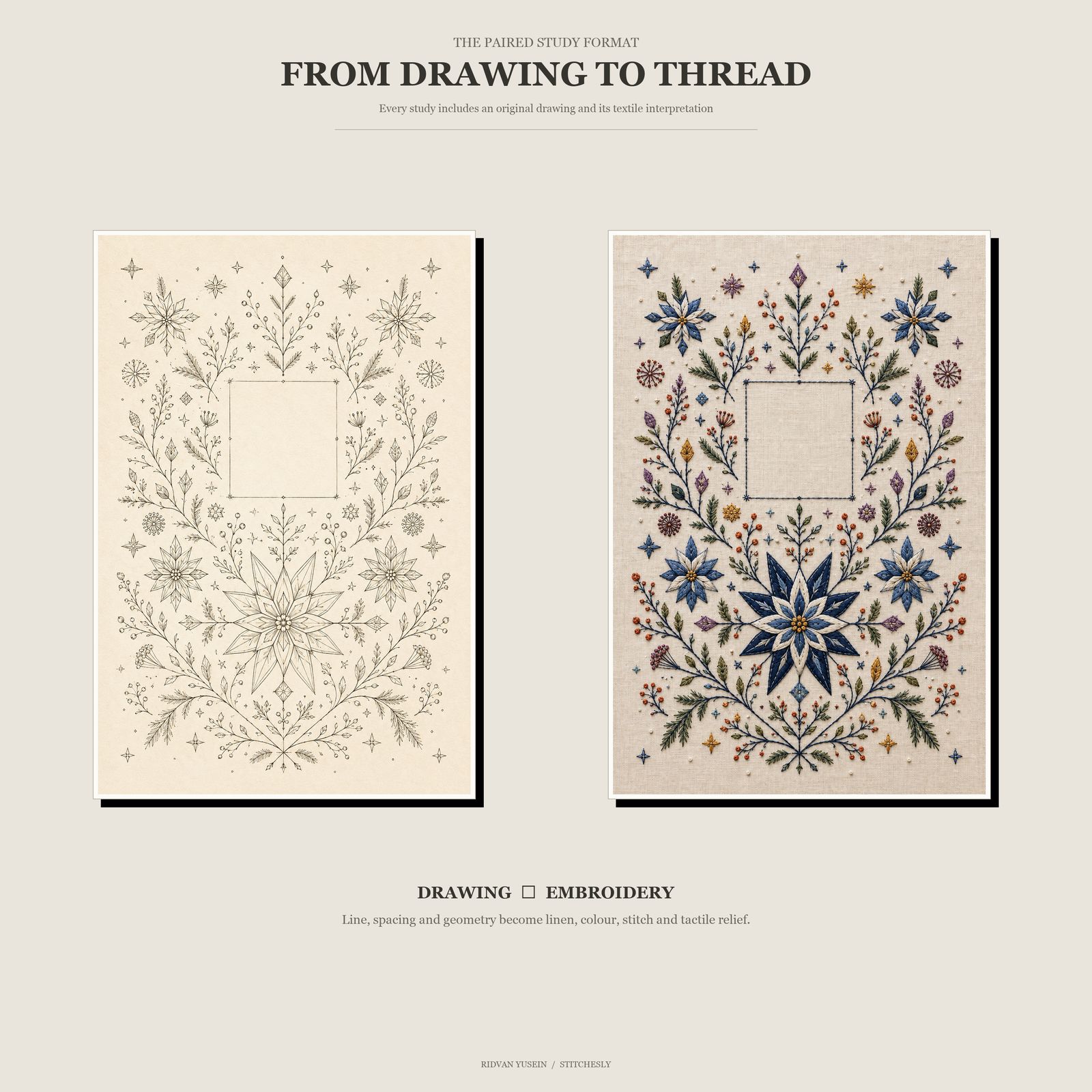 Side-by-side Nordic botanical study showing an original line drawing next to its embroidered textile interpretation, demonstrating how geometric floral composition, negative space and stitch texture change from paper to linen.