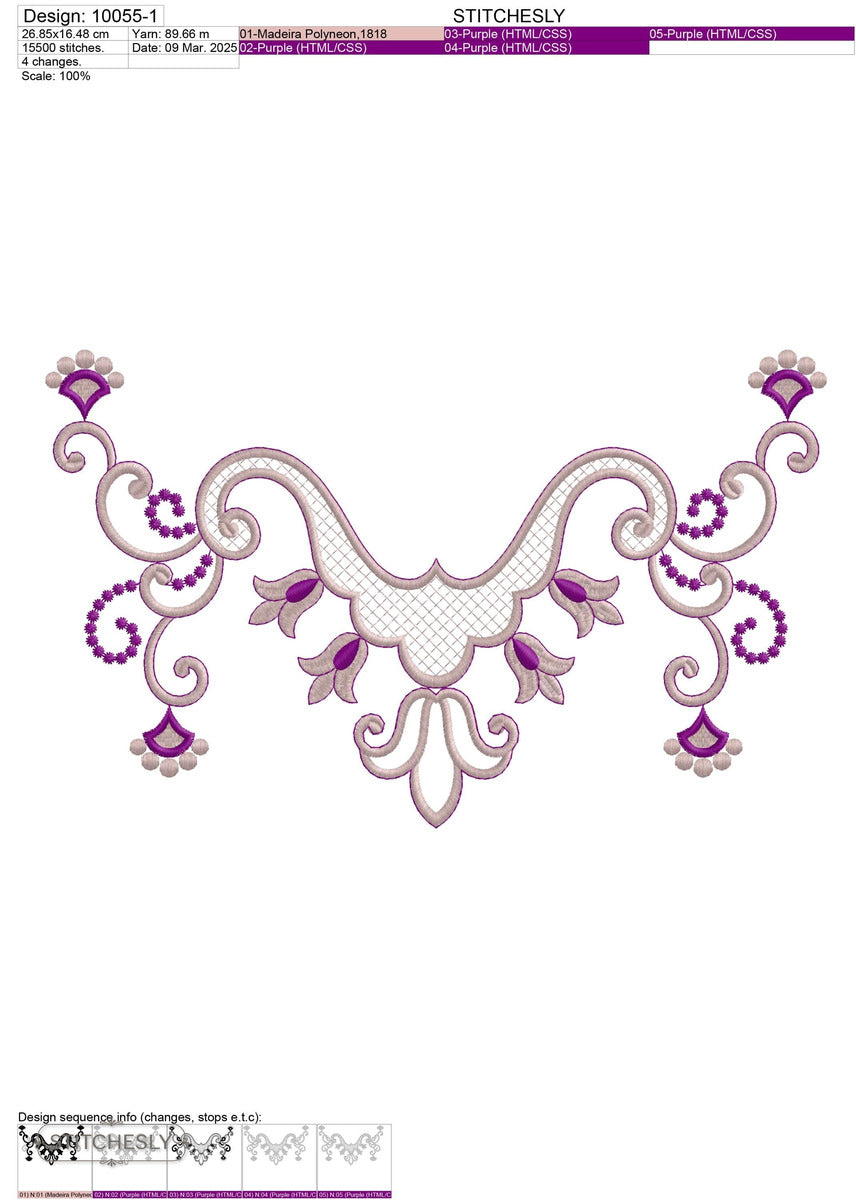 Detail view of Floral Garland Neckline machine embroidery design