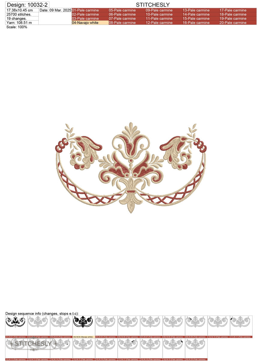 Detail view of Floral Lattice Neckline machine embroidery design