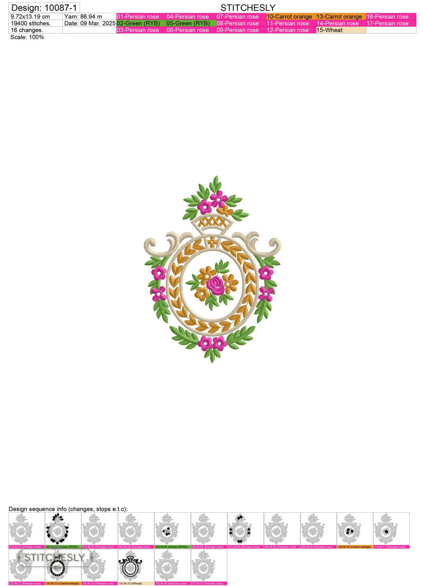 Detail view of Floral Wreath Medallion machine embroidery design