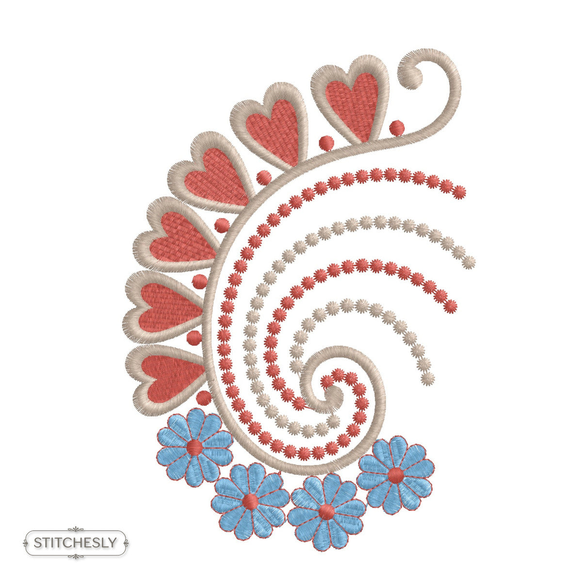 Detail view of Folk Paisley Cushion machine embroidery design