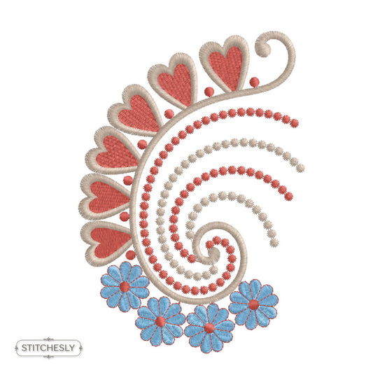 Detail view of Folk Paisley Cushion machine embroidery design