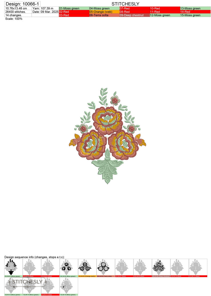 Detail view of Folk Rose Bouquet machine embroidery design