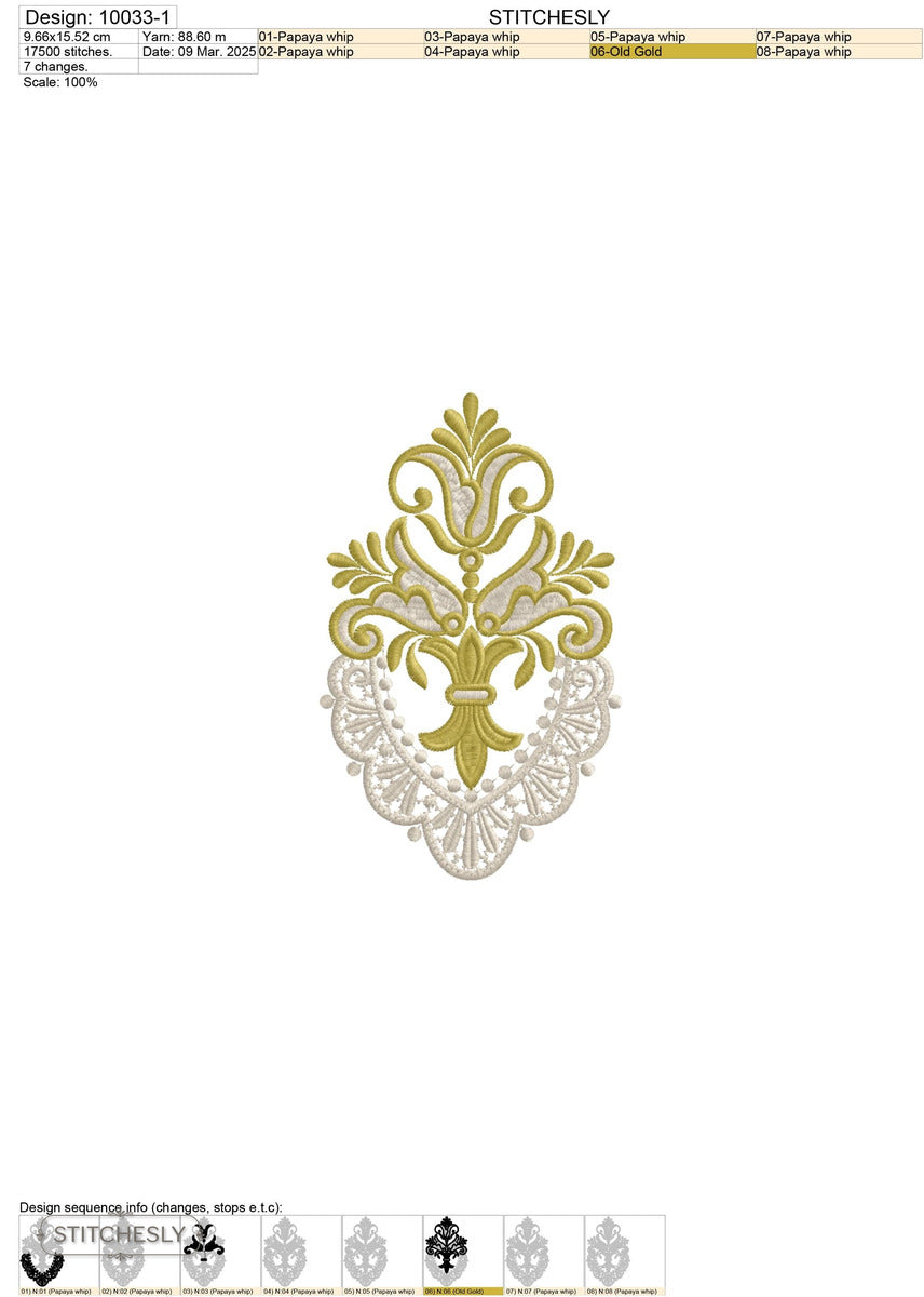 Detail view of Gold Lace Fleur-de-Lis Ornament machine embroidery design