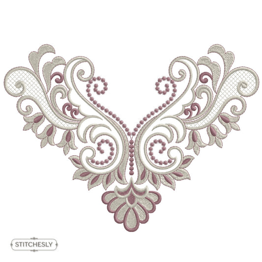 Detail view of Gold Lace Neckline machine embroidery design