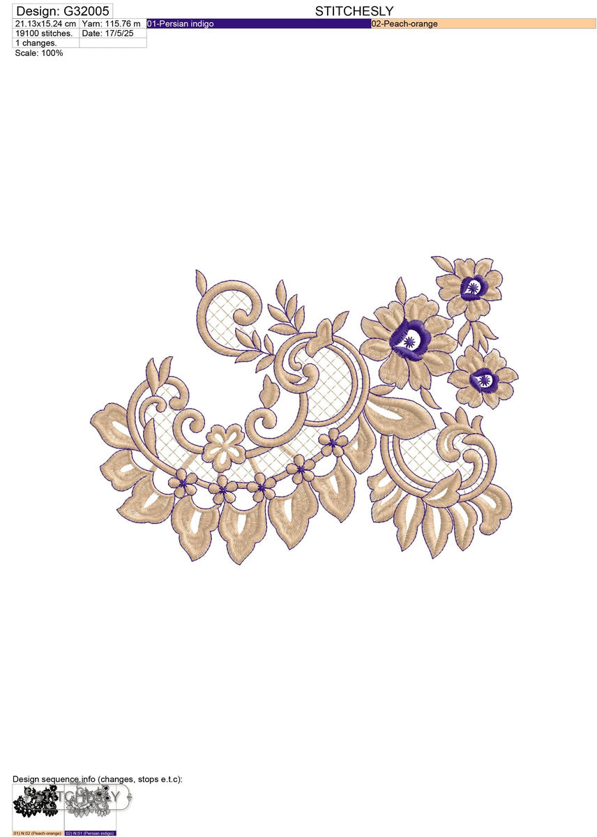 Detail view of Gold Purple Floral Scroll Corner machine embroidery design