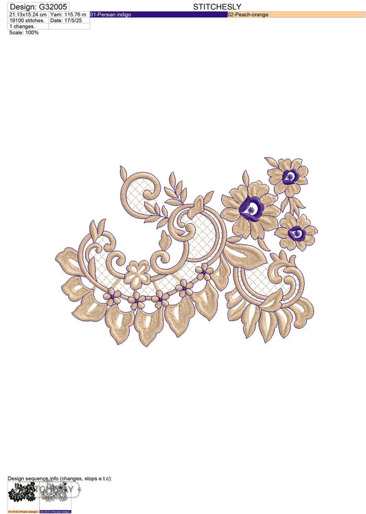 Detail view of Gold Purple Floral Scroll Corner machine embroidery design