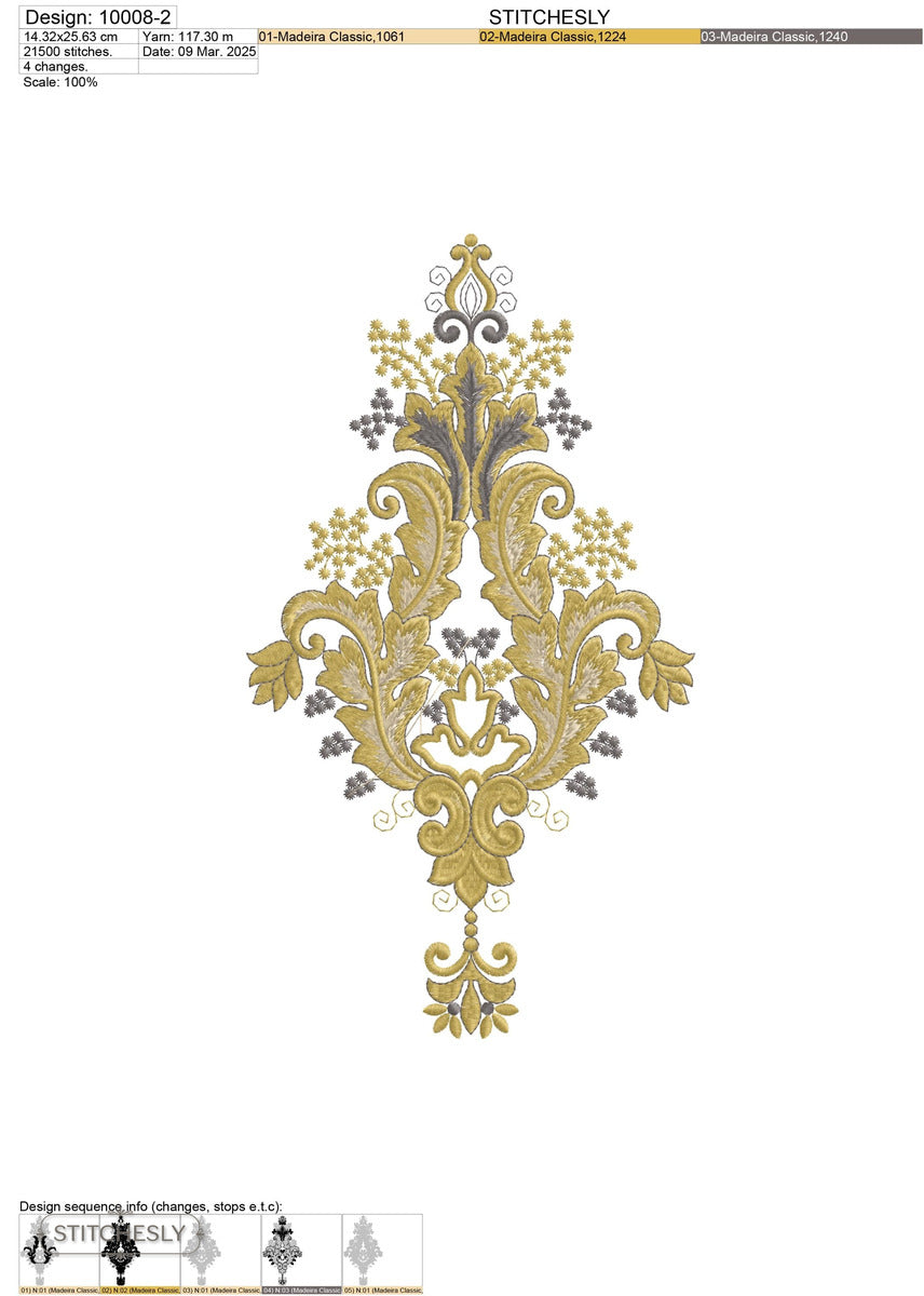 Detail view of Golden Baroque Floral Panel machine embroidery design