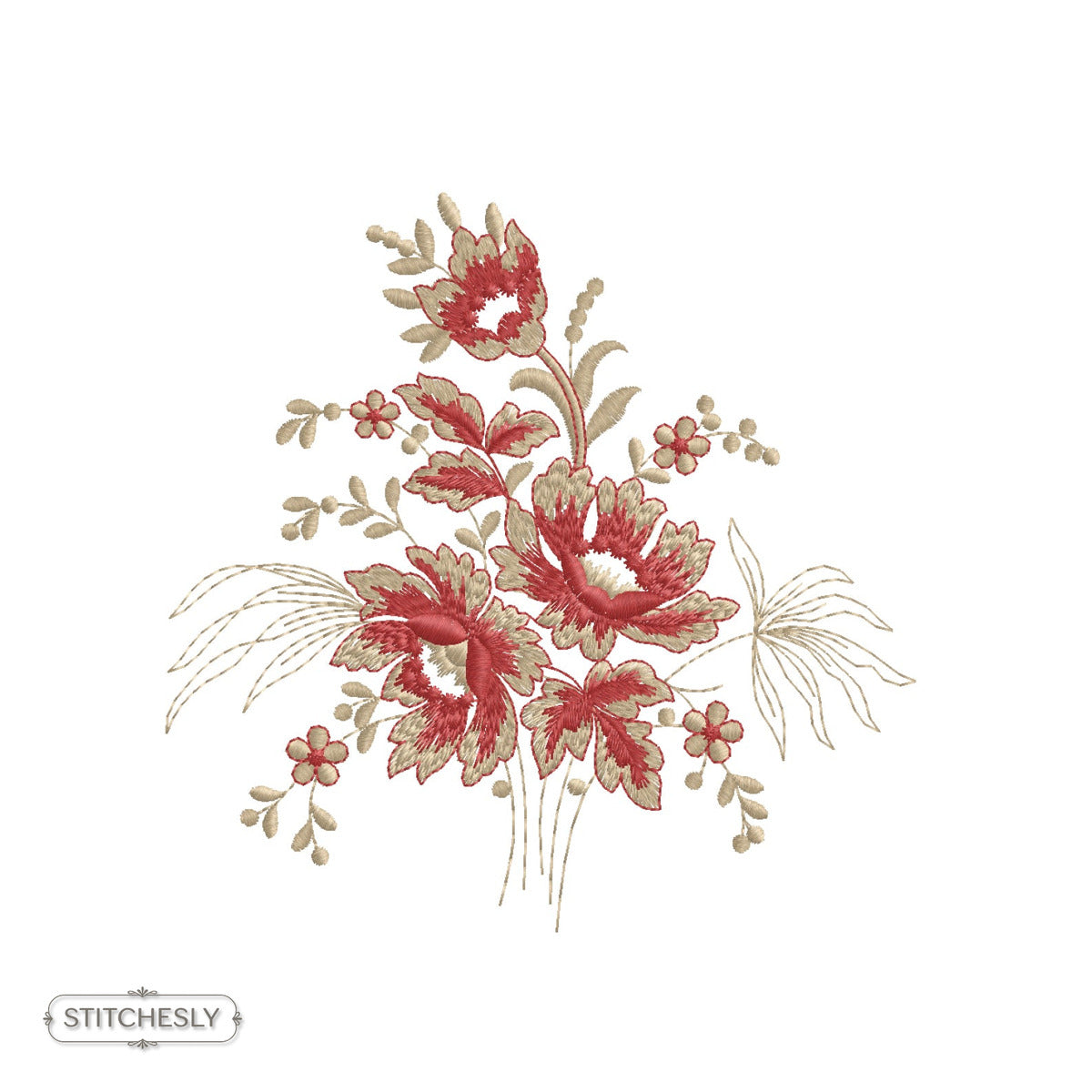 Detail view of Golden Botanical Cushion machine embroidery design