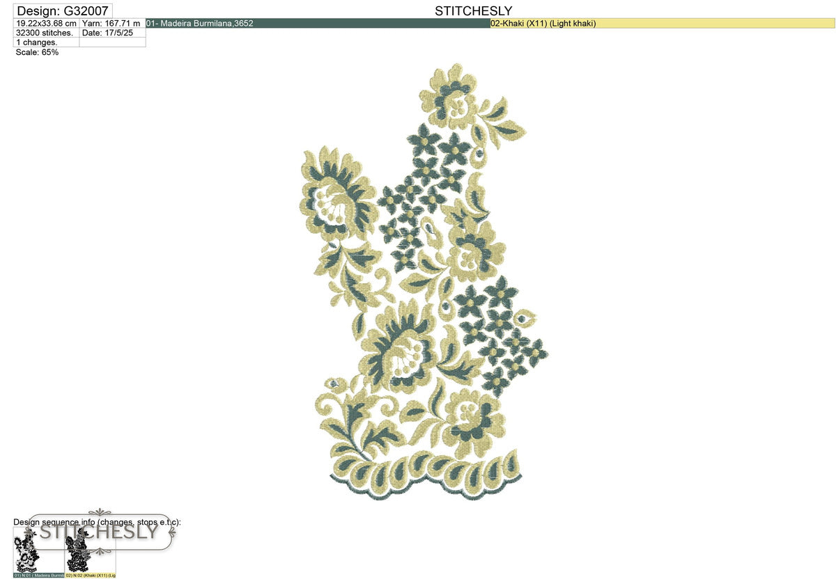 Detail view of Green Floral Lace Panel machine embroidery design