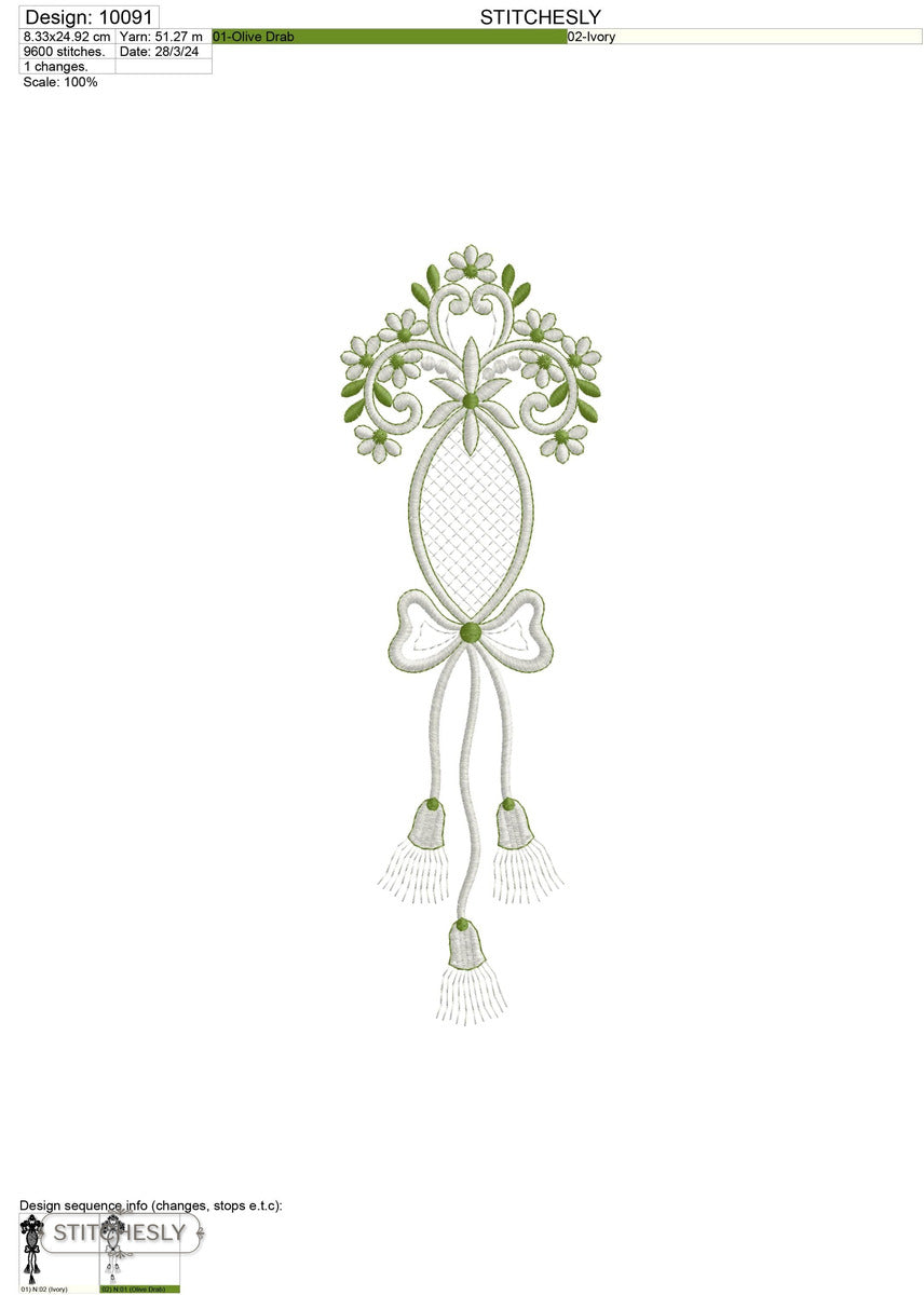 Detail view of Green Tassel Oval Ornament machine embroidery design