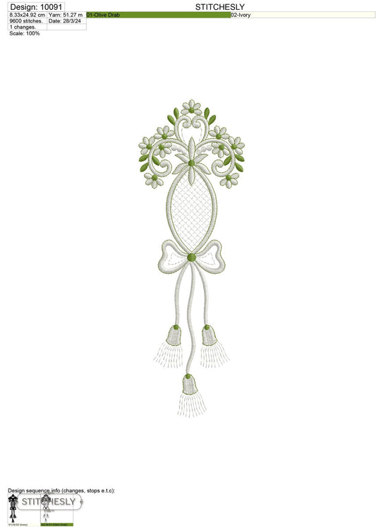 Detail view of Green Tassel Oval Ornament machine embroidery design
