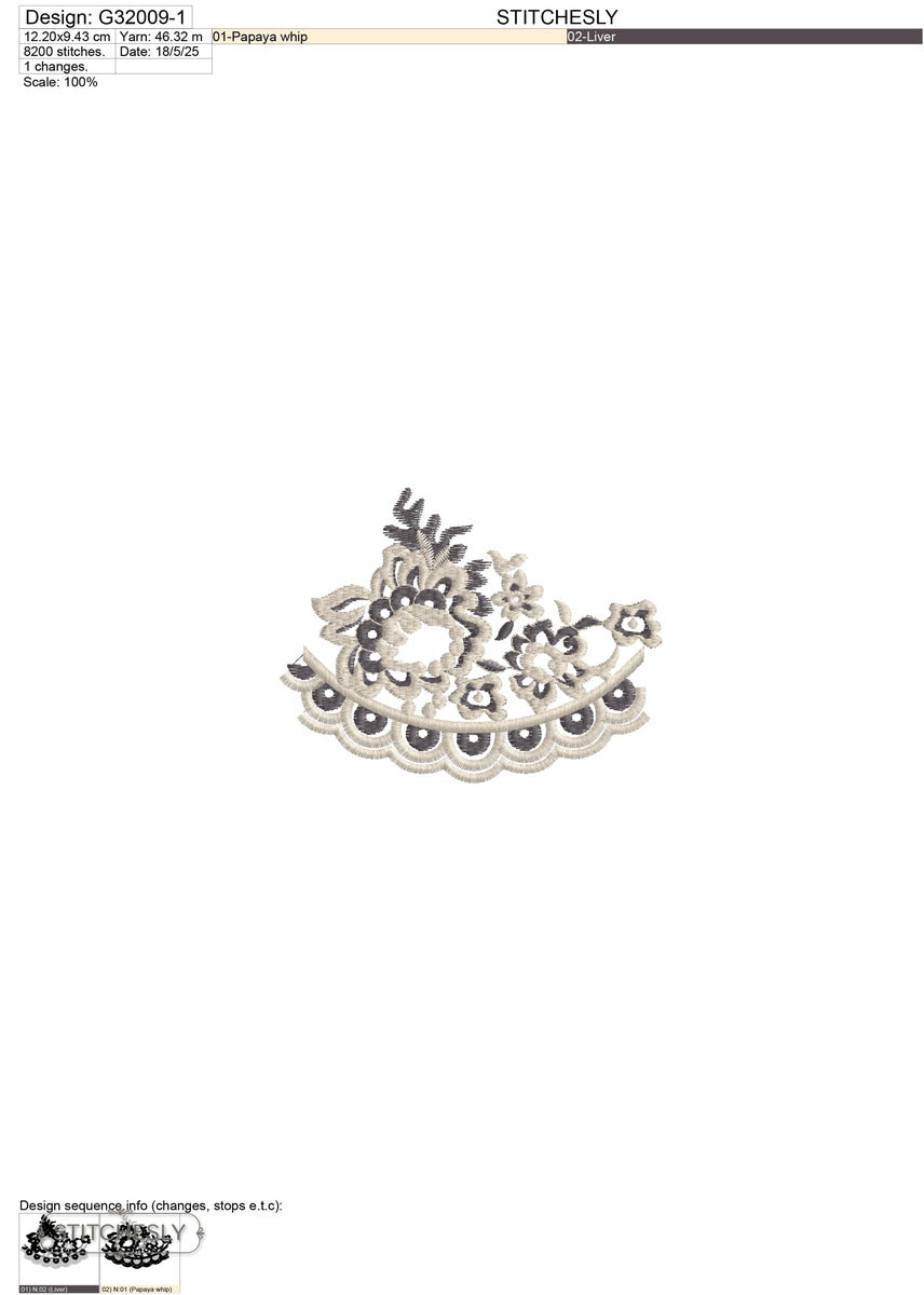 Detail view of Grey Lace Crown Accent machine embroidery design