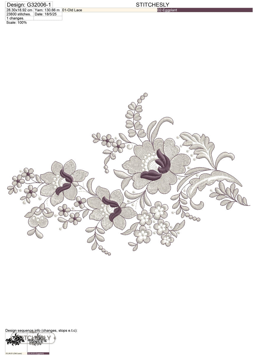 Detail view of Ivory Butterfly Floral Corner machine embroidery design