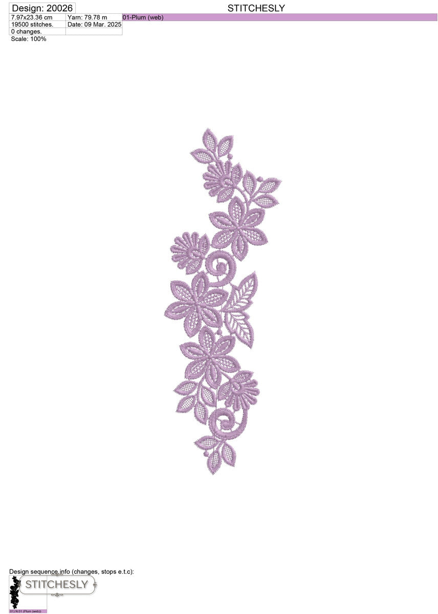 Detail view of Lavender Floral Scroll Border machine embroidery design