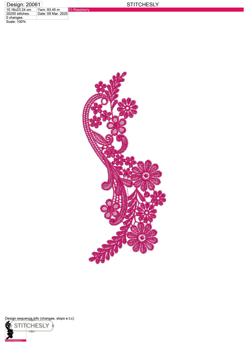 Detail view of Magenta Paisley Floral Border machine embroidery design