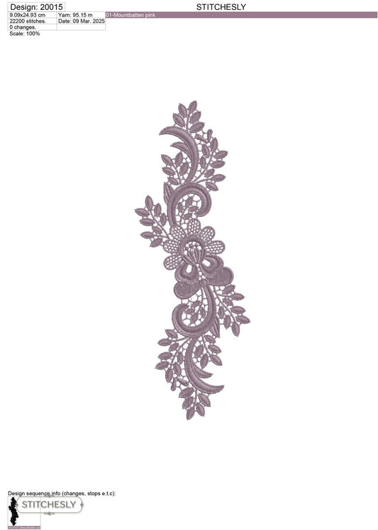 Detail view of Mauve Lace Floral Border machine embroidery design