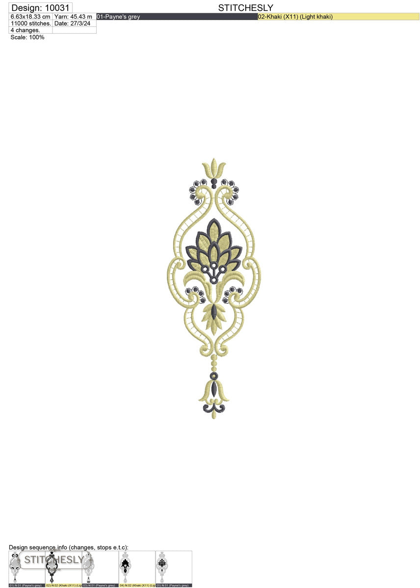 Detail view of Navy Gold Teardrop Ornament machine embroidery design