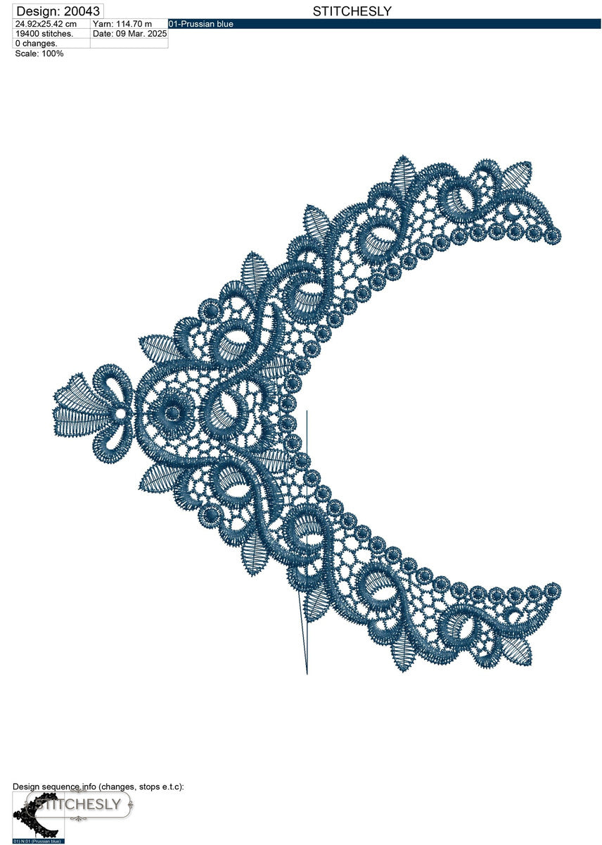 Detail view of Navy Lace Neckline machine embroidery design