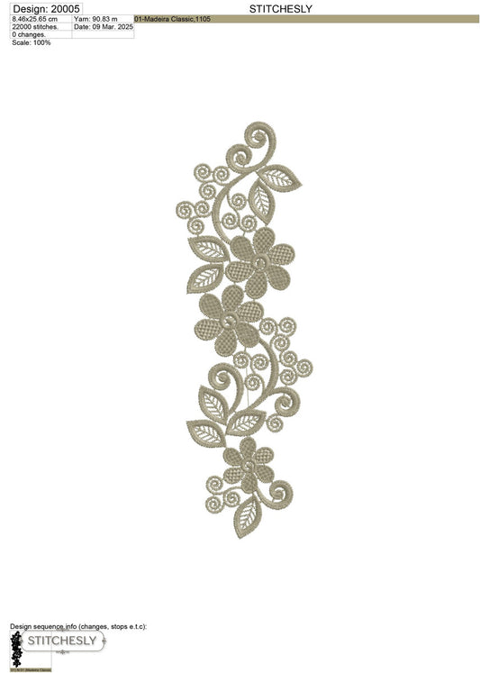 Detail view of Olive Lace Floral Border machine embroidery design