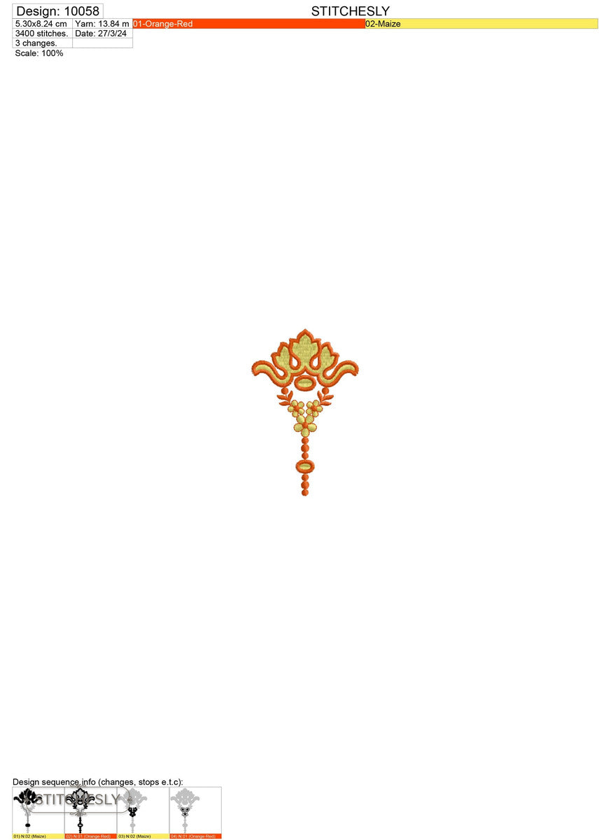 Detail view of Orange Beaded Drop Ornament machine embroidery design